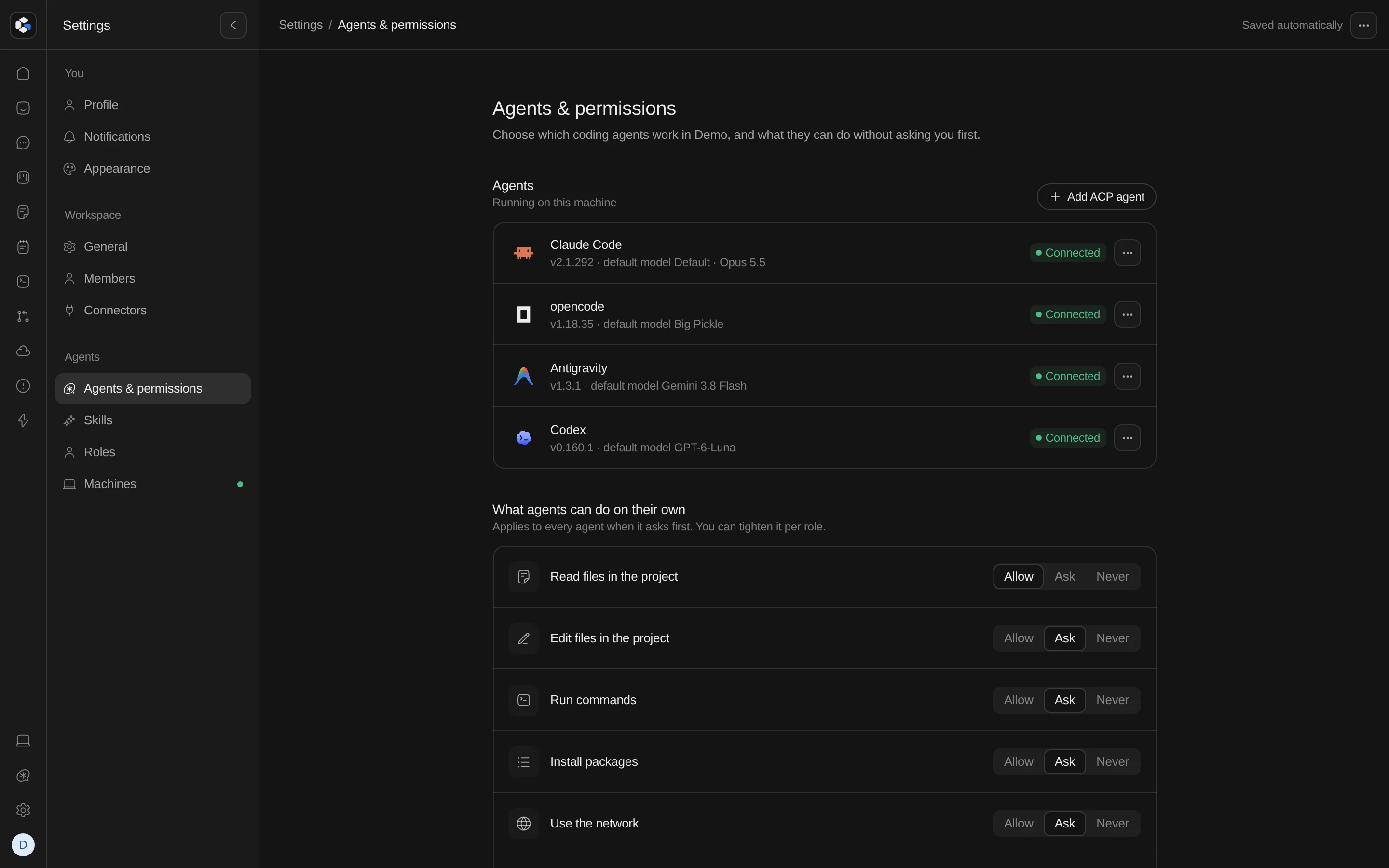 Grid's Agents and permissions settings: Claude Code, opencode, Antigravity and Codex connected, and what agents may do on their own
