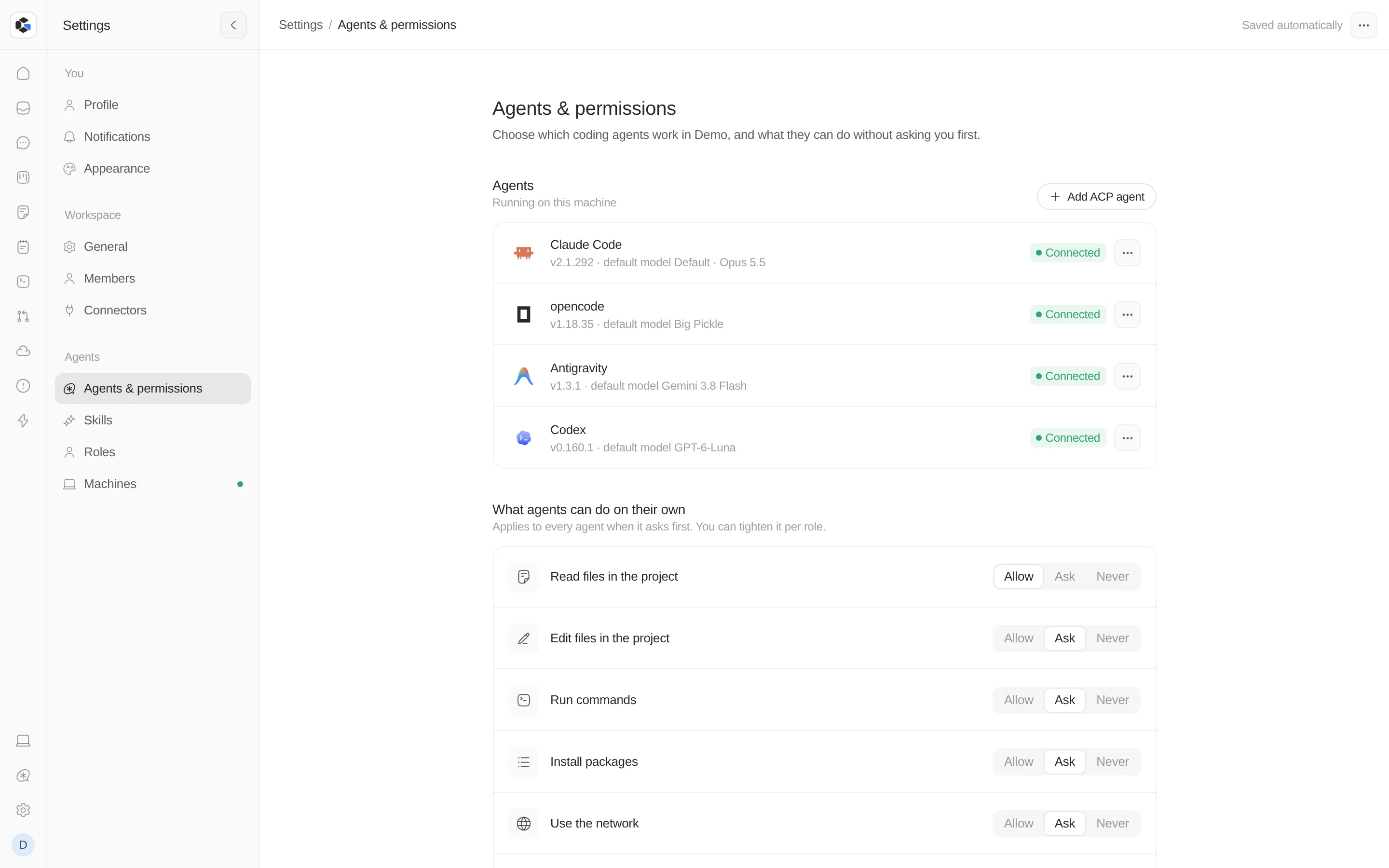 Grid's Agents and permissions settings: Claude Code, opencode, Antigravity and Codex connected, and what agents may do on their own
