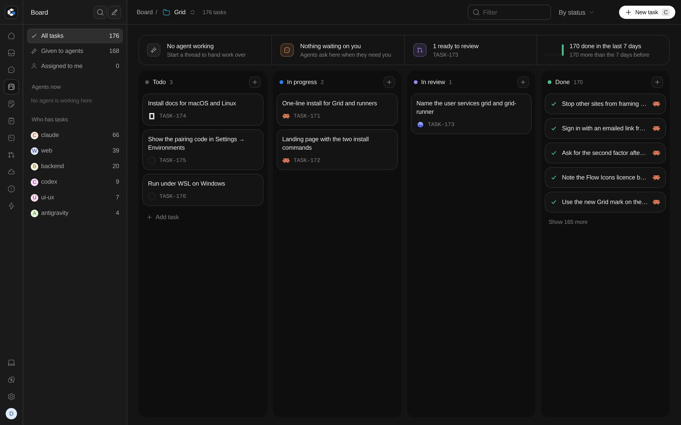 Grid's board: tasks in Todo, In progress, In review and Done, some handed to Claude Code, Codex and opencode