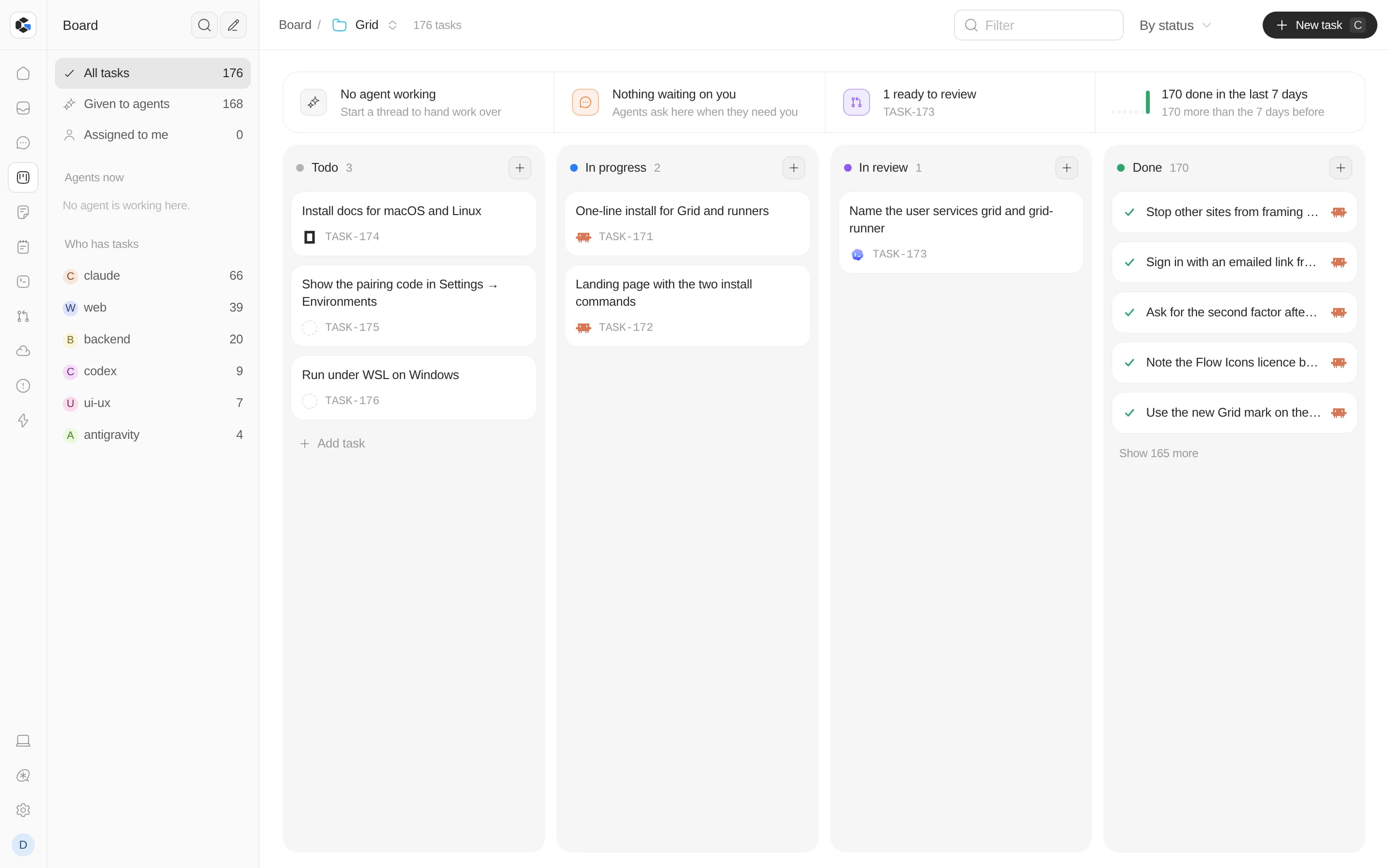 Grid's board: tasks in Todo, In progress, In review and Done, some handed to Claude Code, Codex and opencode